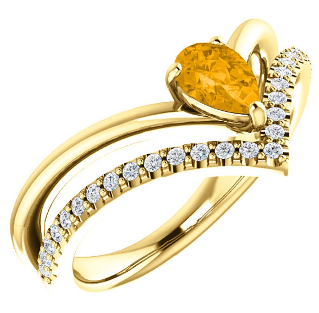  Diamond and Citrine 'V' Ring, 14k Yellow Gold  