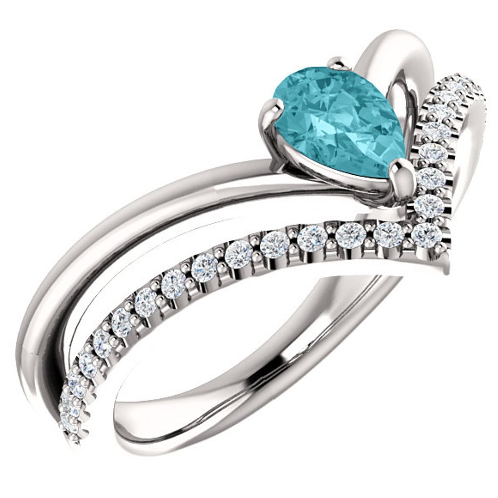  Diamond and Blue Zircon 'V' Ring, Rhodium-Plated 14k White Gold