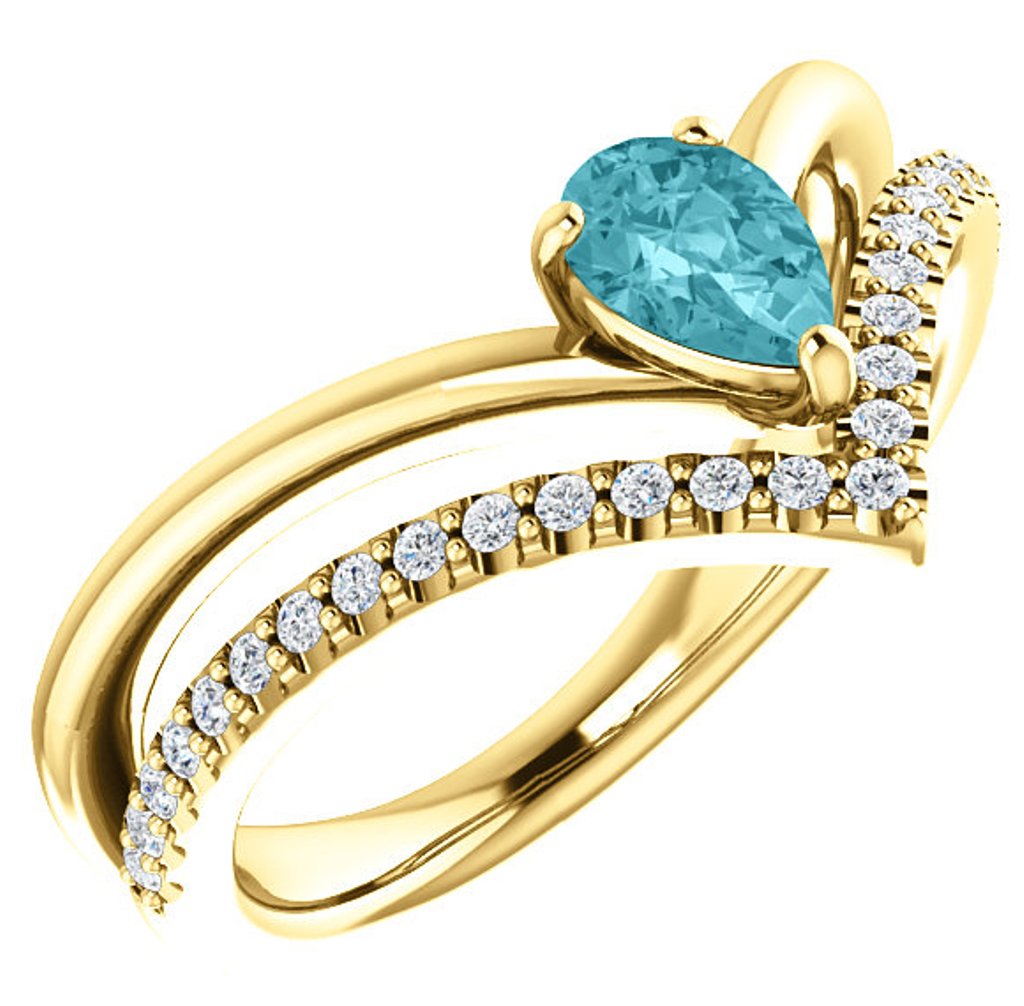  Diamond and Blue Zircon 'V' Ring, 14k Yellow Gold 