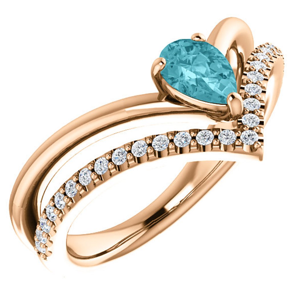  Diamond and Blue Zircon 'V' Ring, 14k Rose Gold