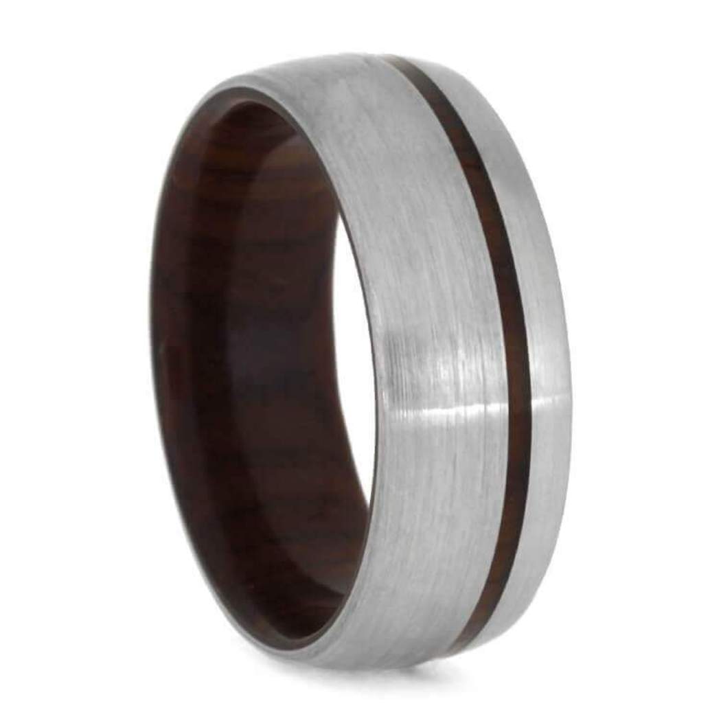 Brushed Titanium 8mm Comfort-Fit Cocobolo Wood Sleeve Ring