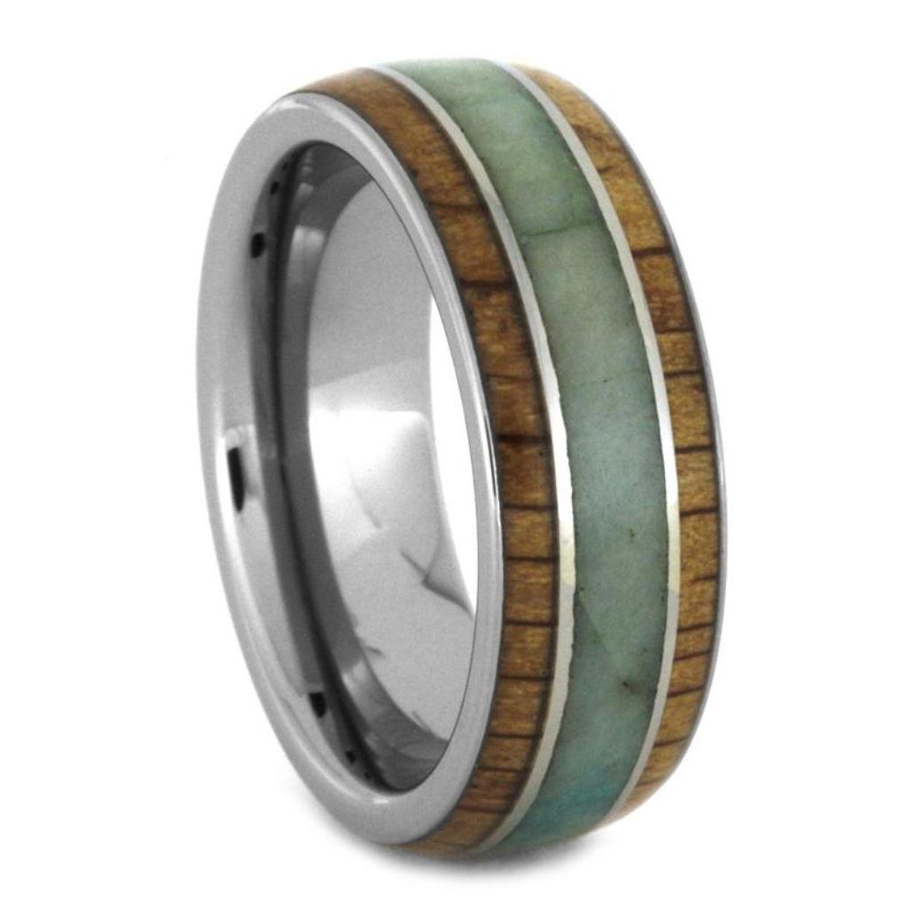 Oak Wood Ring With Chrysocolla Inlay In Tungsten