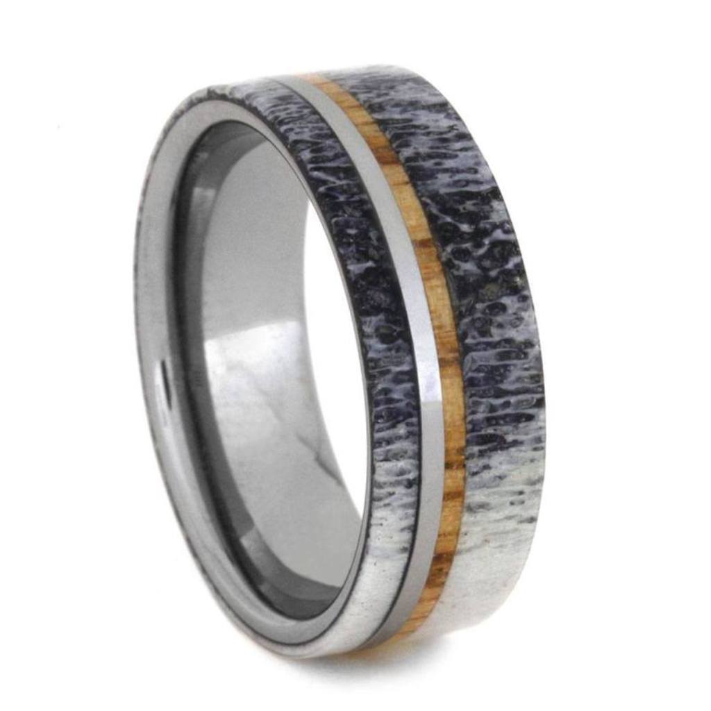 Deer Antler Ring With Oak Wood On Tungsten Band
