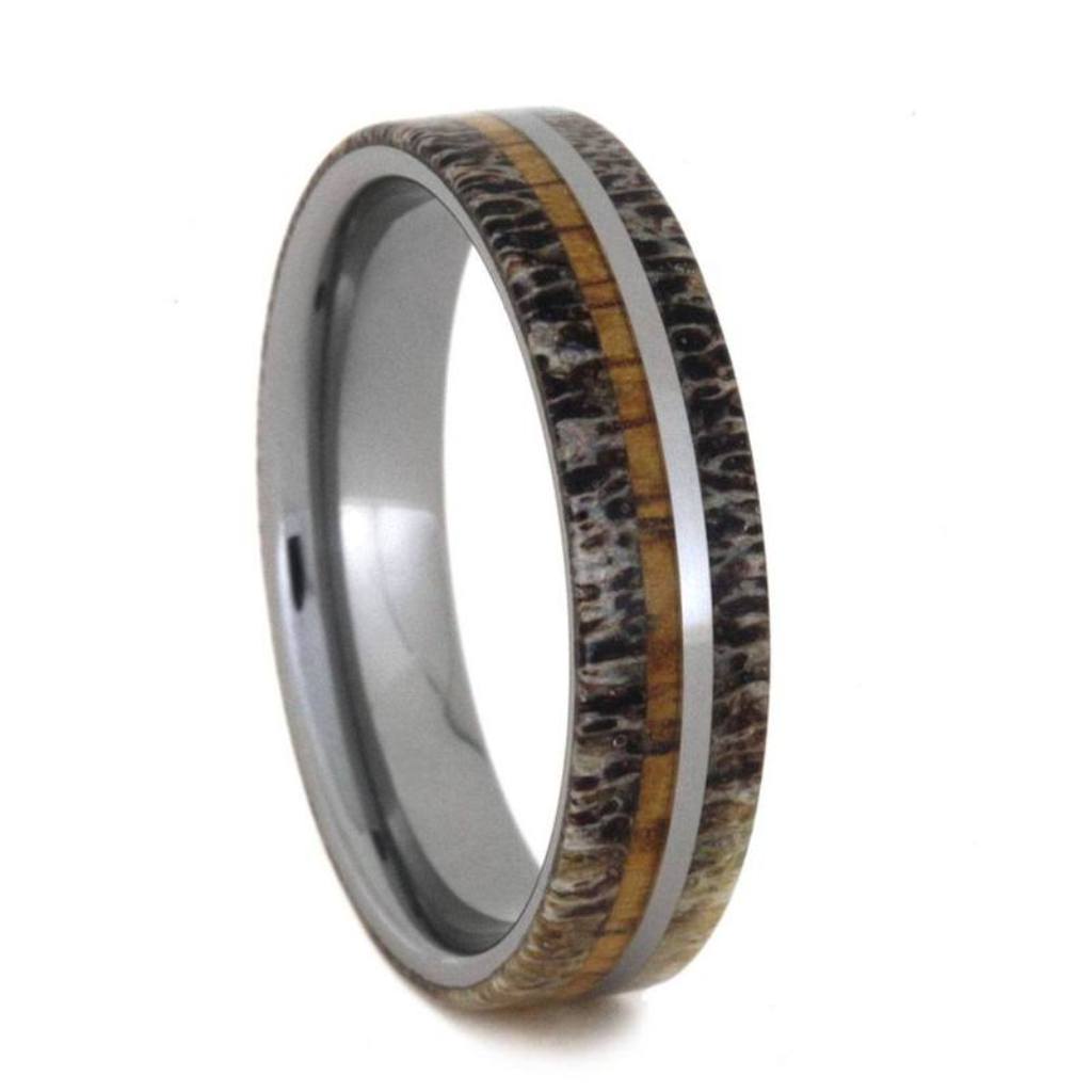 Deer Antler And Oak Wood Ring, Tungsten Wedding Band