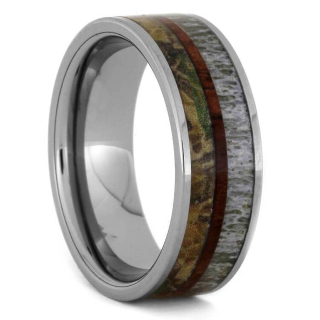 Tungsten Ring With Antler, King Wood, and Camo Inlay