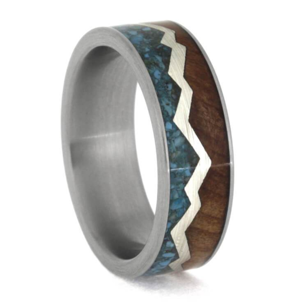 Turquoise Redwood Sterling Silver 7mm Titanium Comfort-Fit Band 
