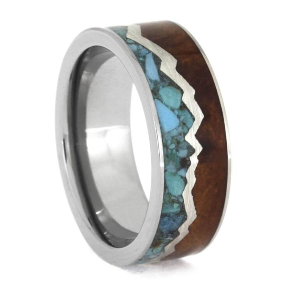 Turquoise Redwood Sterling Silver 8mm Titanium Comfort-Fit Band 