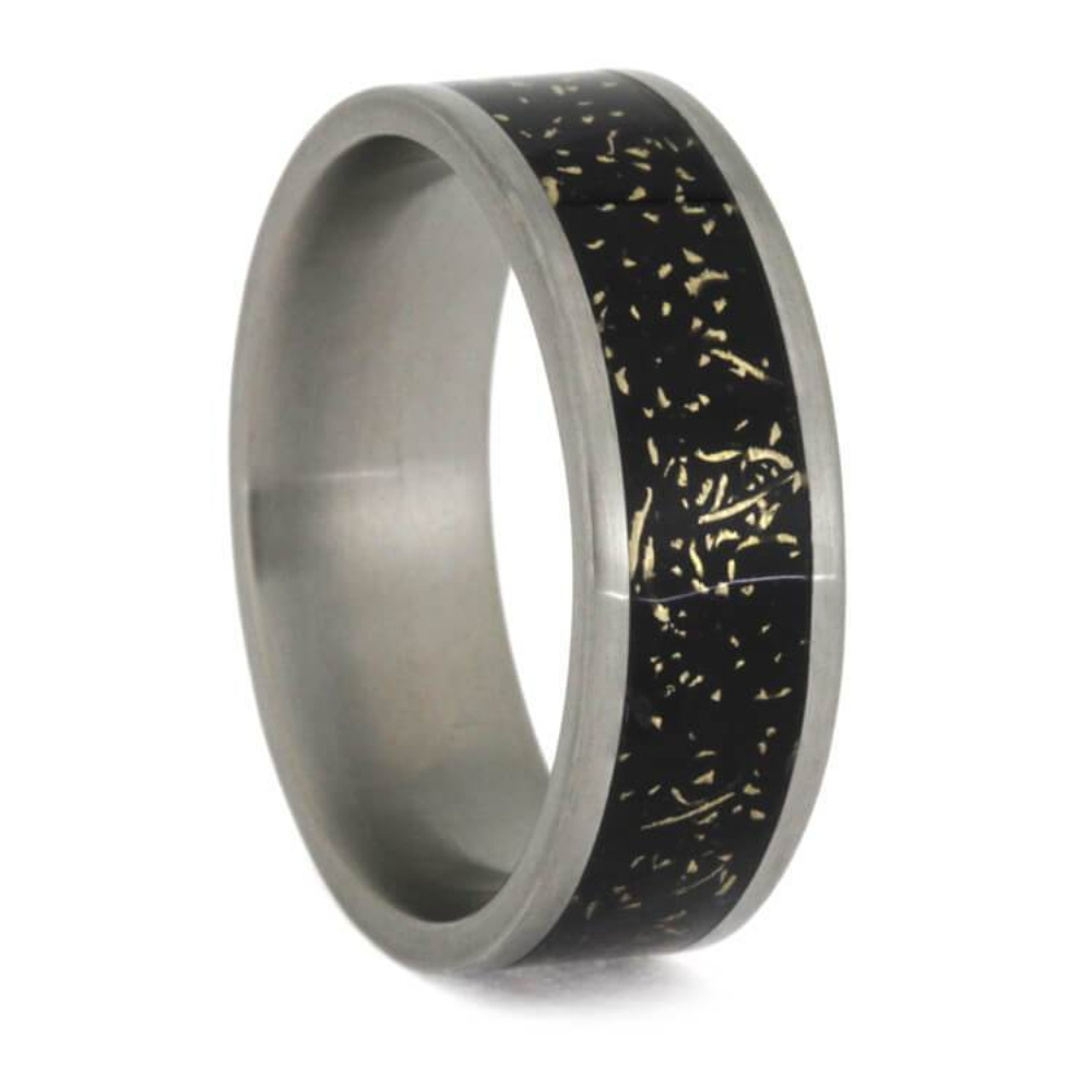 Black Stardust Band with Meteorite and Yellow Gold 7mm Matte Titanium Comfort-Fit Wedding Band 