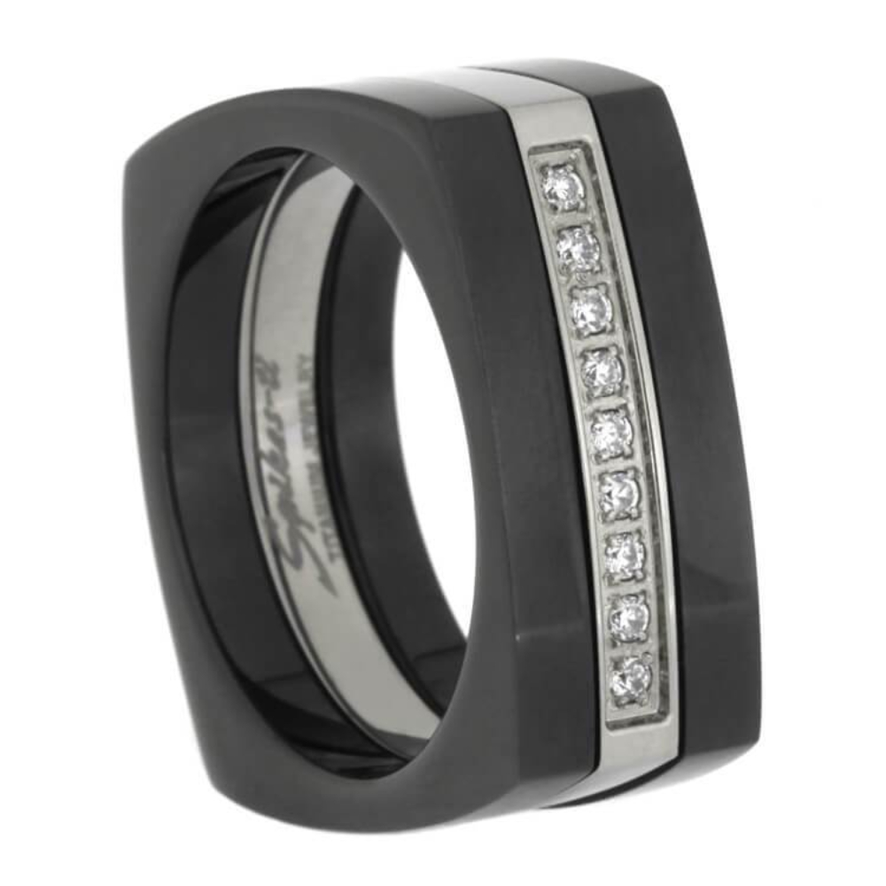 Cubic Zirconia Titanium 9mm Comfort-Fit Black Titanium Sleeve Ring 
