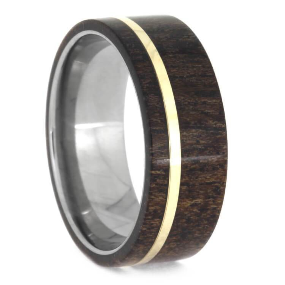 Black Mesquite Wood 14K Yellow Gold 8mm Titanium Comfort-Fit Ring