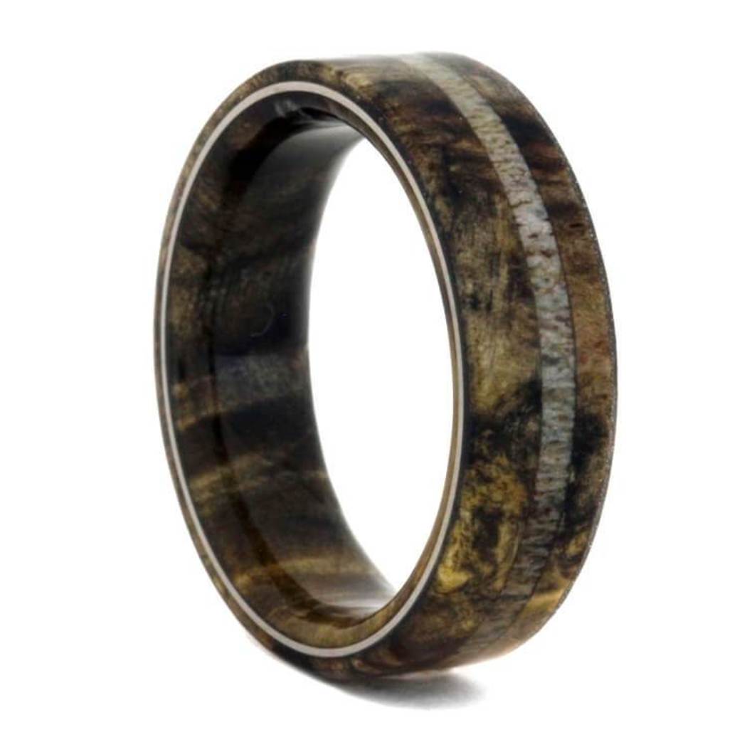 Deer Antler Titanium 6.5mm Comfort-Fit Buckeye Burl Wood Sleeve Ring