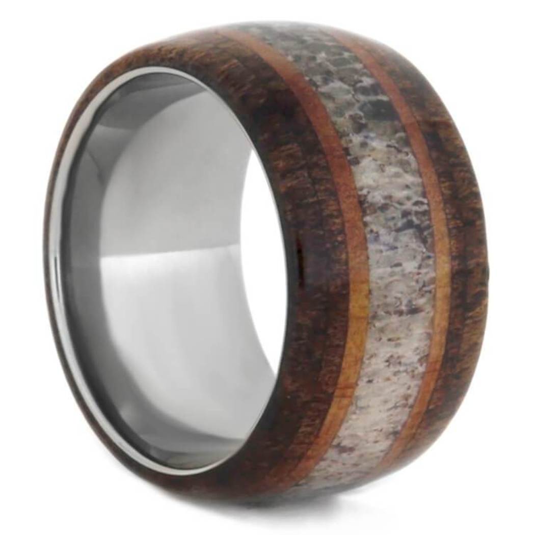 Deer Antler Red Cedar Koa Wood Mesquite 12mm Titanium Comfort-Fit Ring