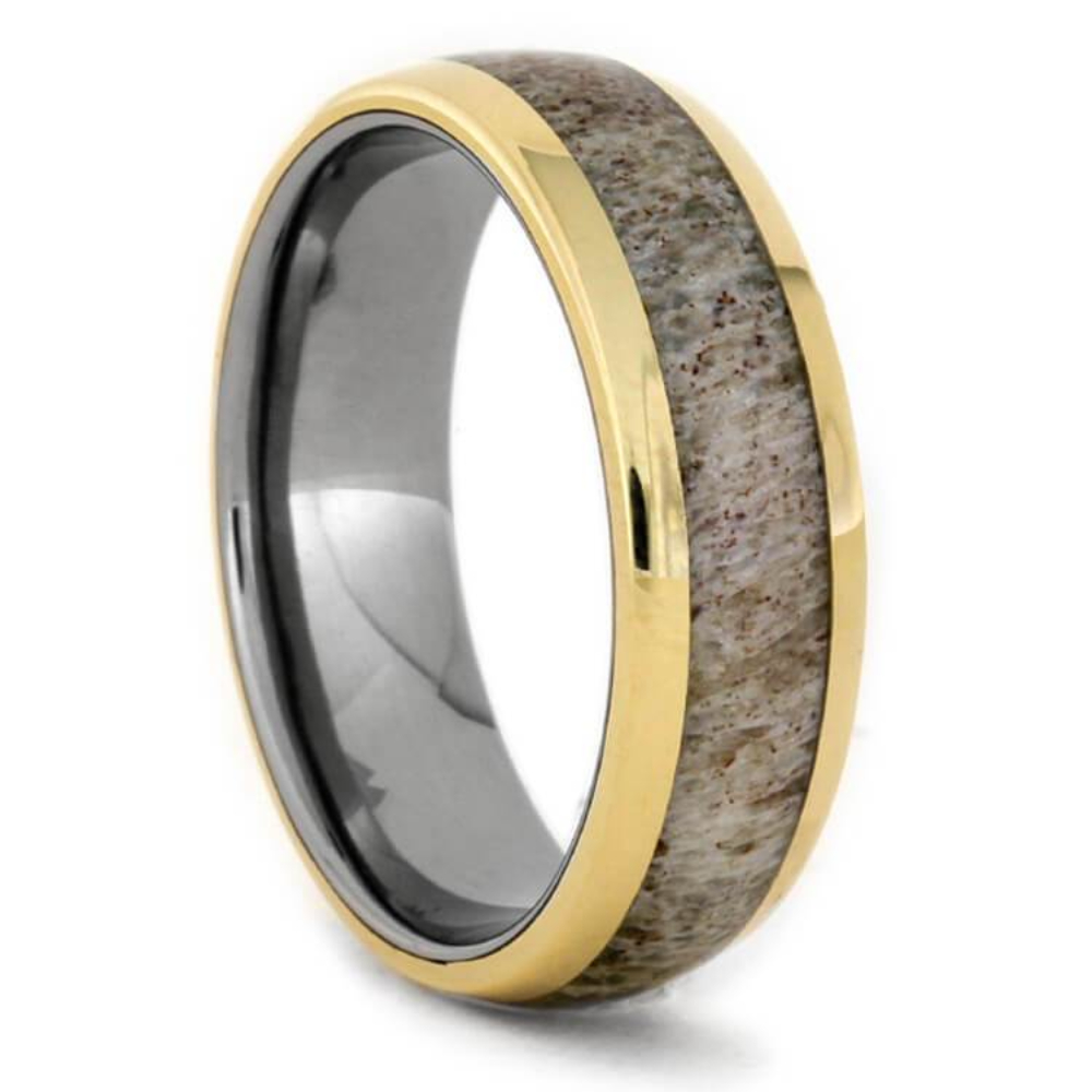 Deer Antler 14k Yellow Gold 7mm Titanium Comfort-Fit Wedding Band