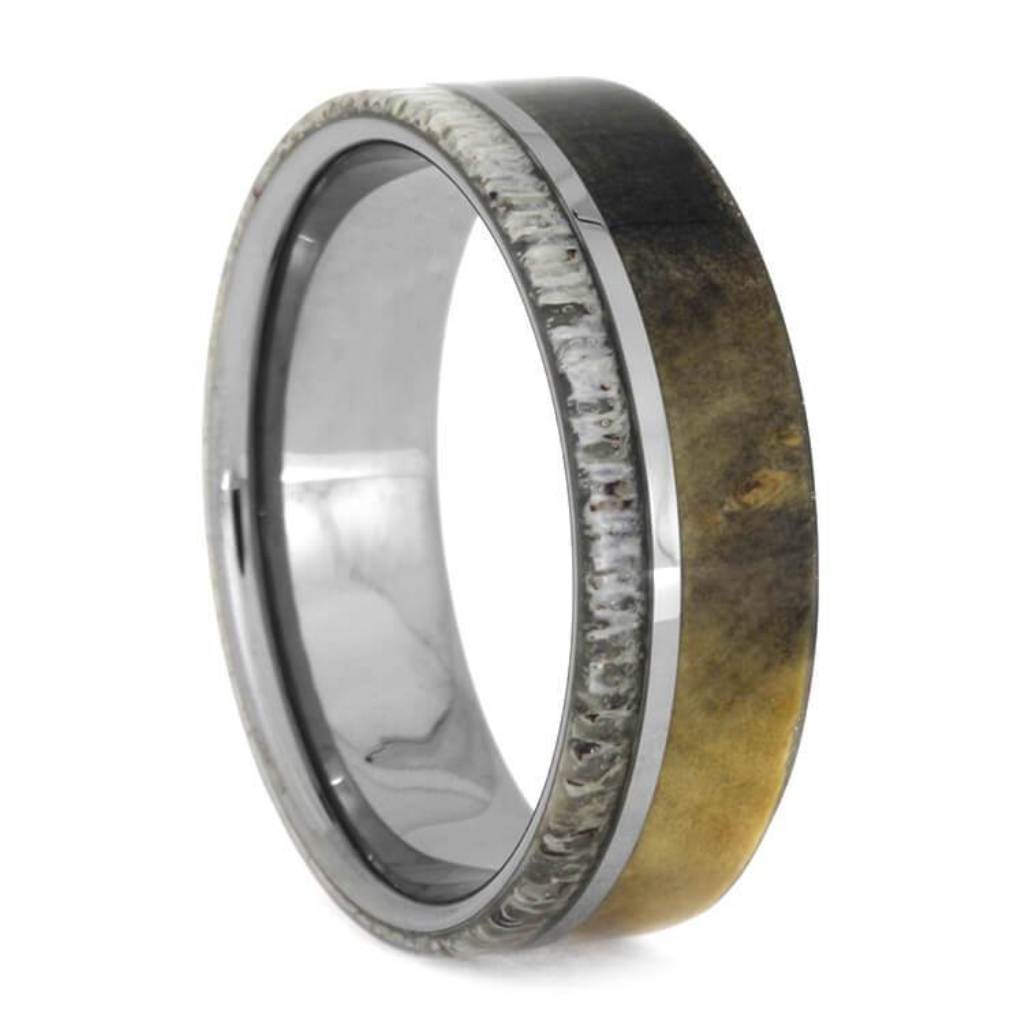 Tungsten Buckeye Burl Ring With Deer Antler