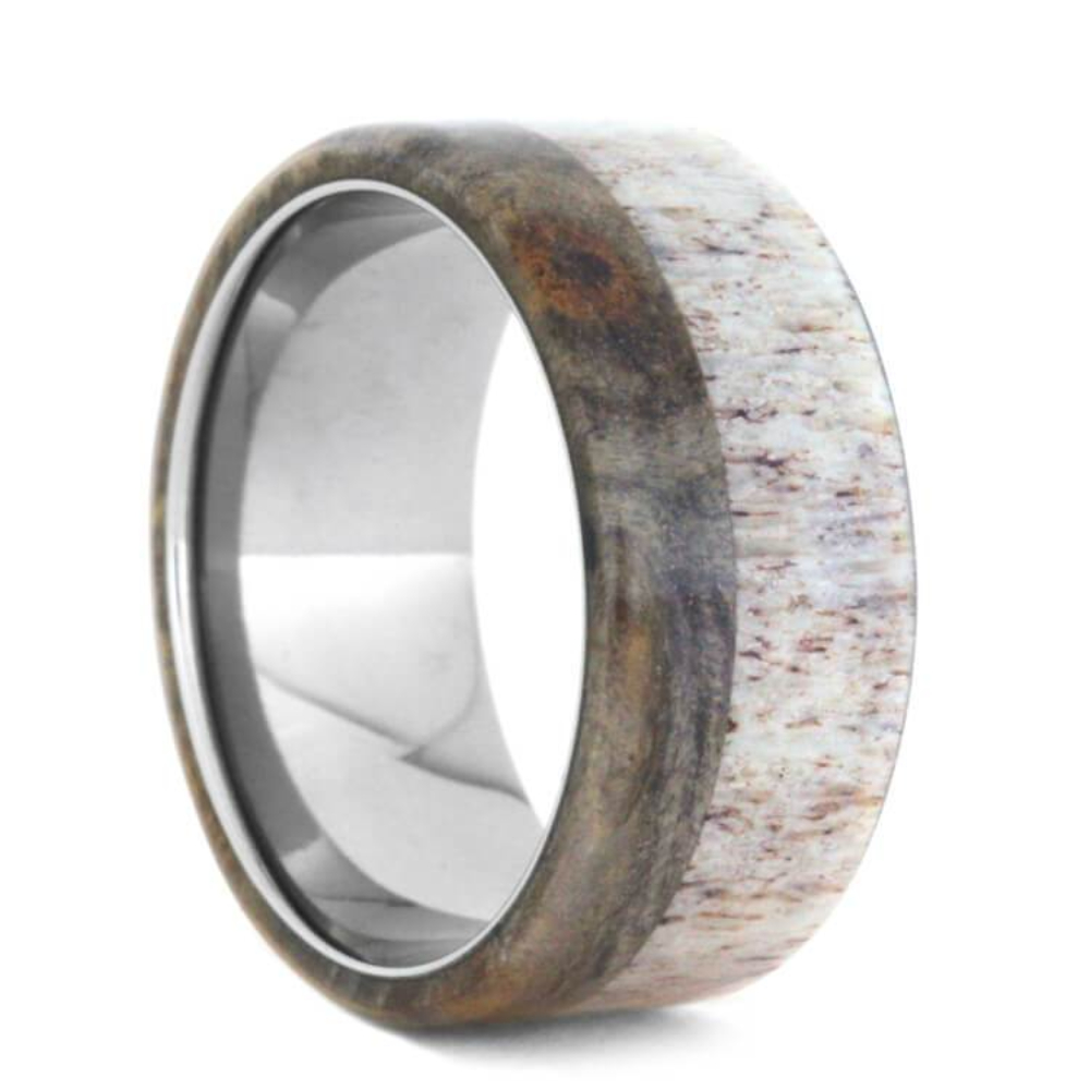 Deer Antler Buckeye Burl Wood 10mm Titanium Comfort-Fit Wedding Band