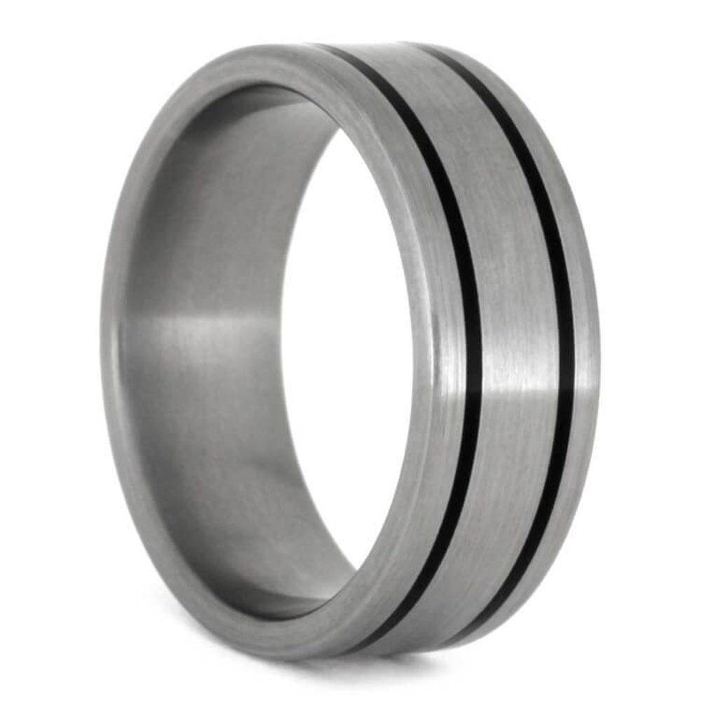 Black Enamel 8mm Brushed Titanium Comfort-Fit Ring