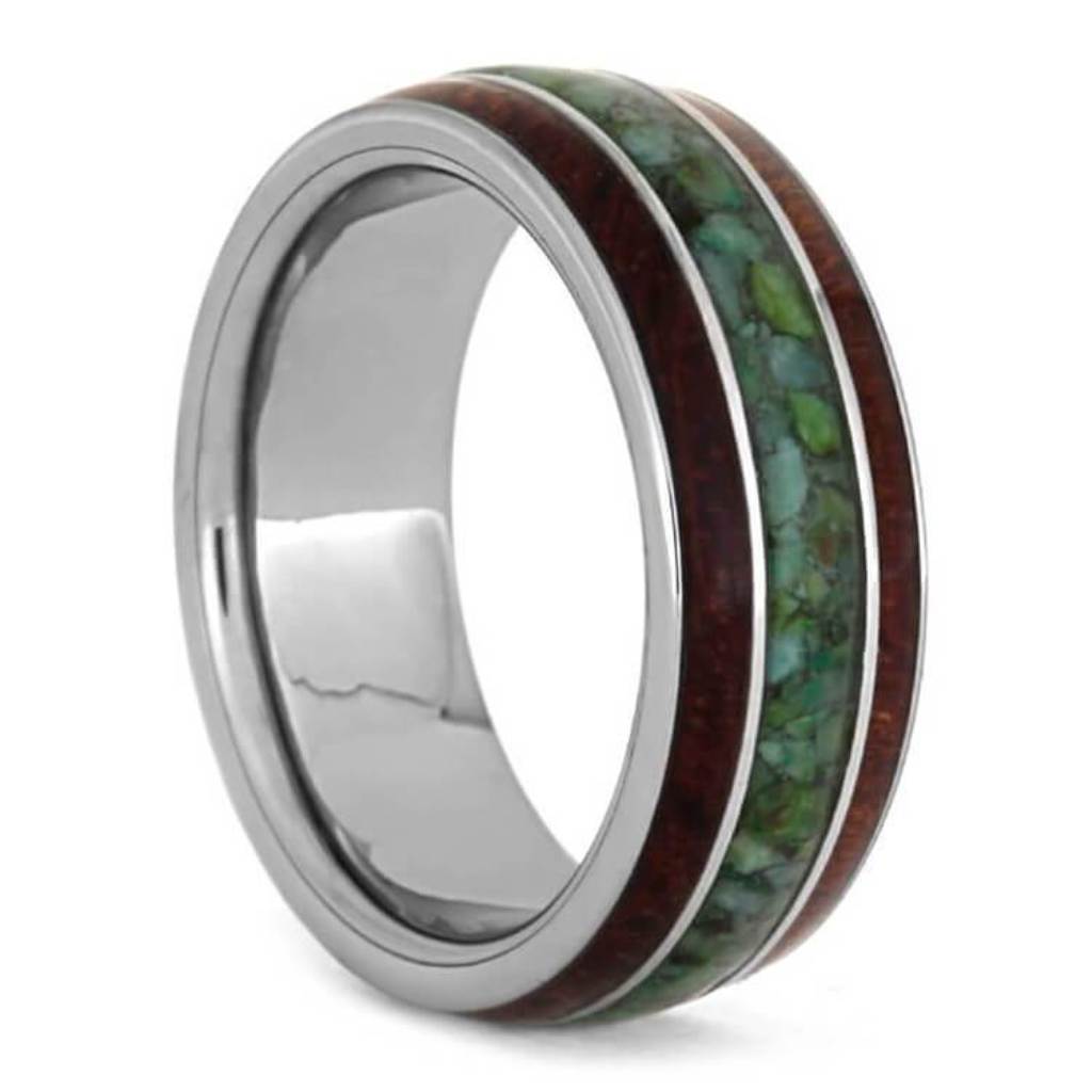 Chrysocolla Ring With Bubinga Wood Inlays In Tungsten