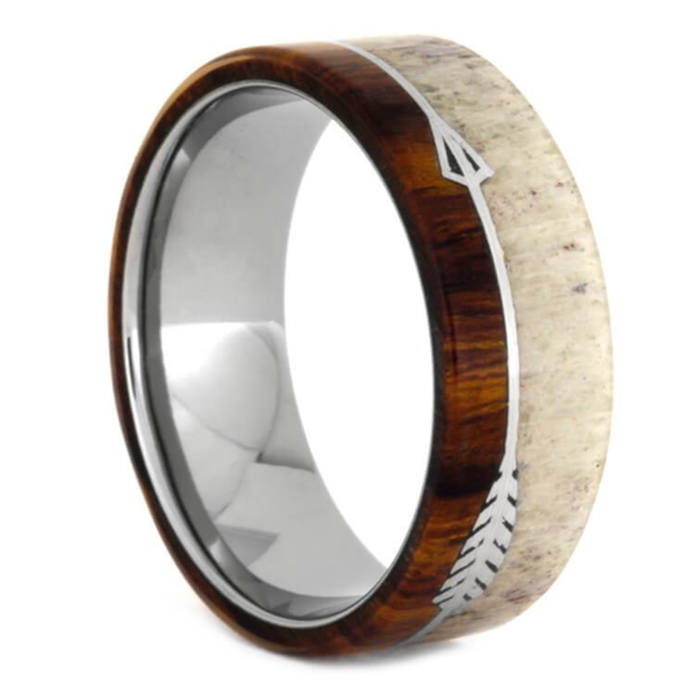 Deer Antler Ironwood Sterling Silver Arrow 8.5mm Titanium Comfort-Fit Wedding Band