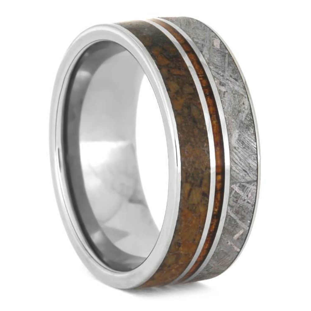 Gibeon Meteorite Koa Wood Dinosaur Bone 9.5mm Titanium Comfort-Fit Wedding Band