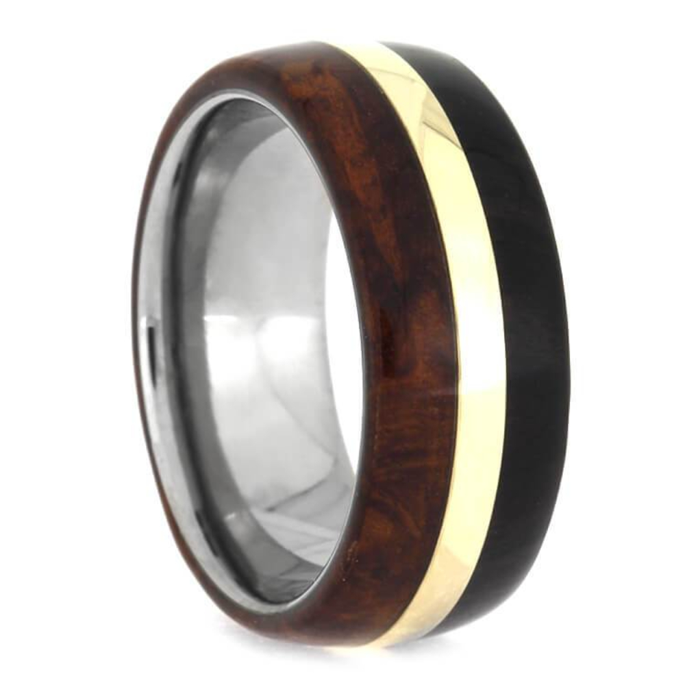 African Blackwood Amboyna Wood 14k Yellow Gold 8mm Titanium Comfort-Fit Wedding Band