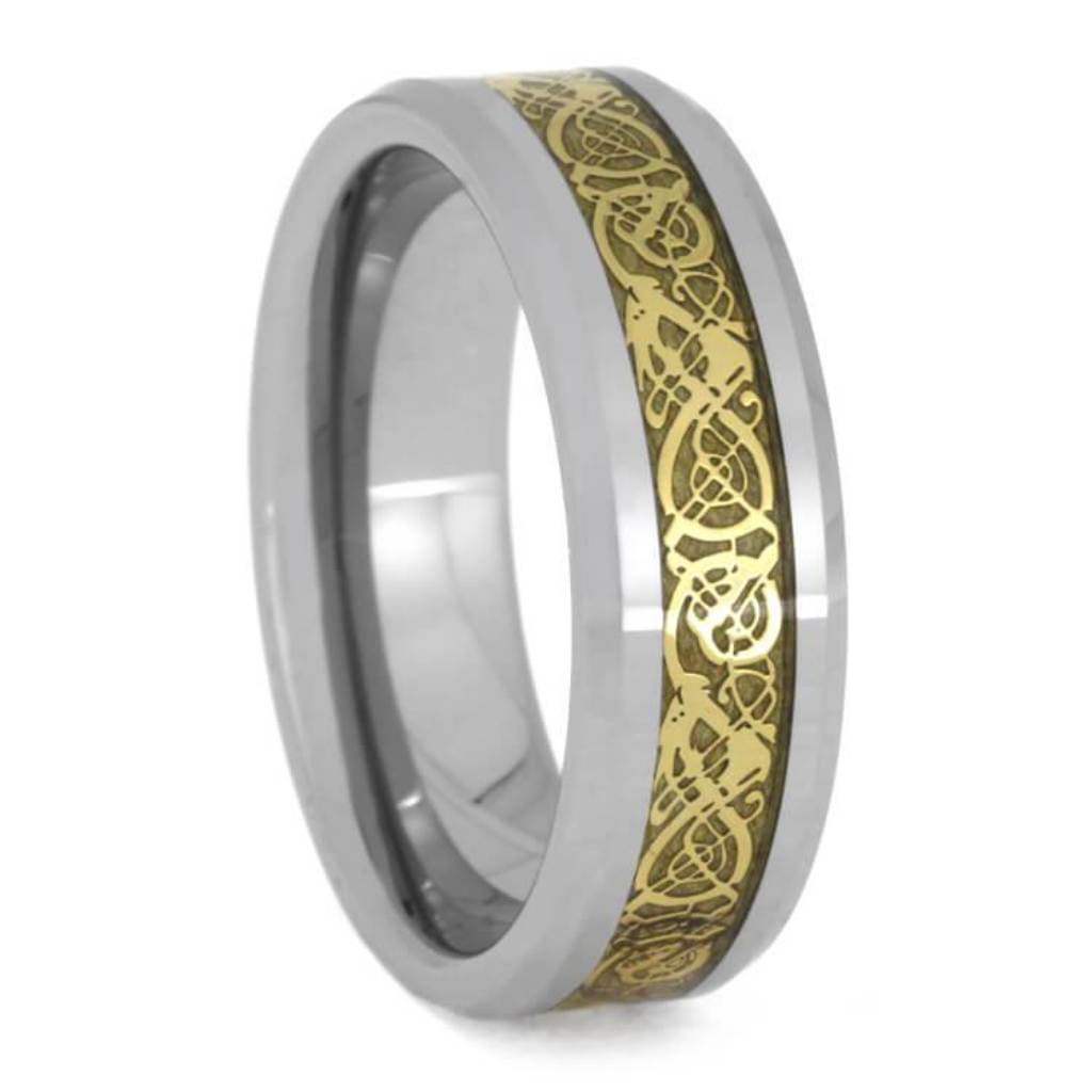 Gold Plated Celtic Dragon Ring, Tungsten Band