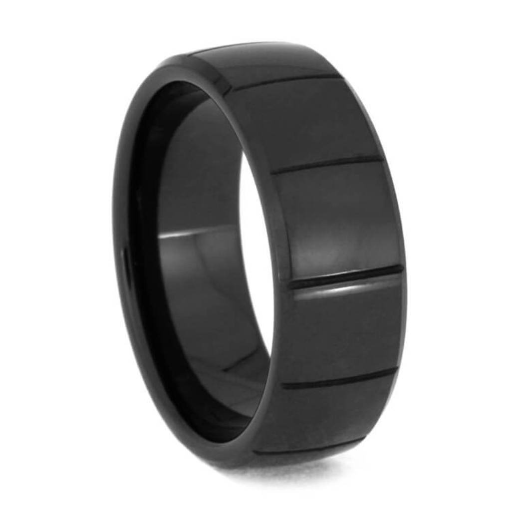 Grooved Pinstripe Ring, Black Tungsten Wedding 