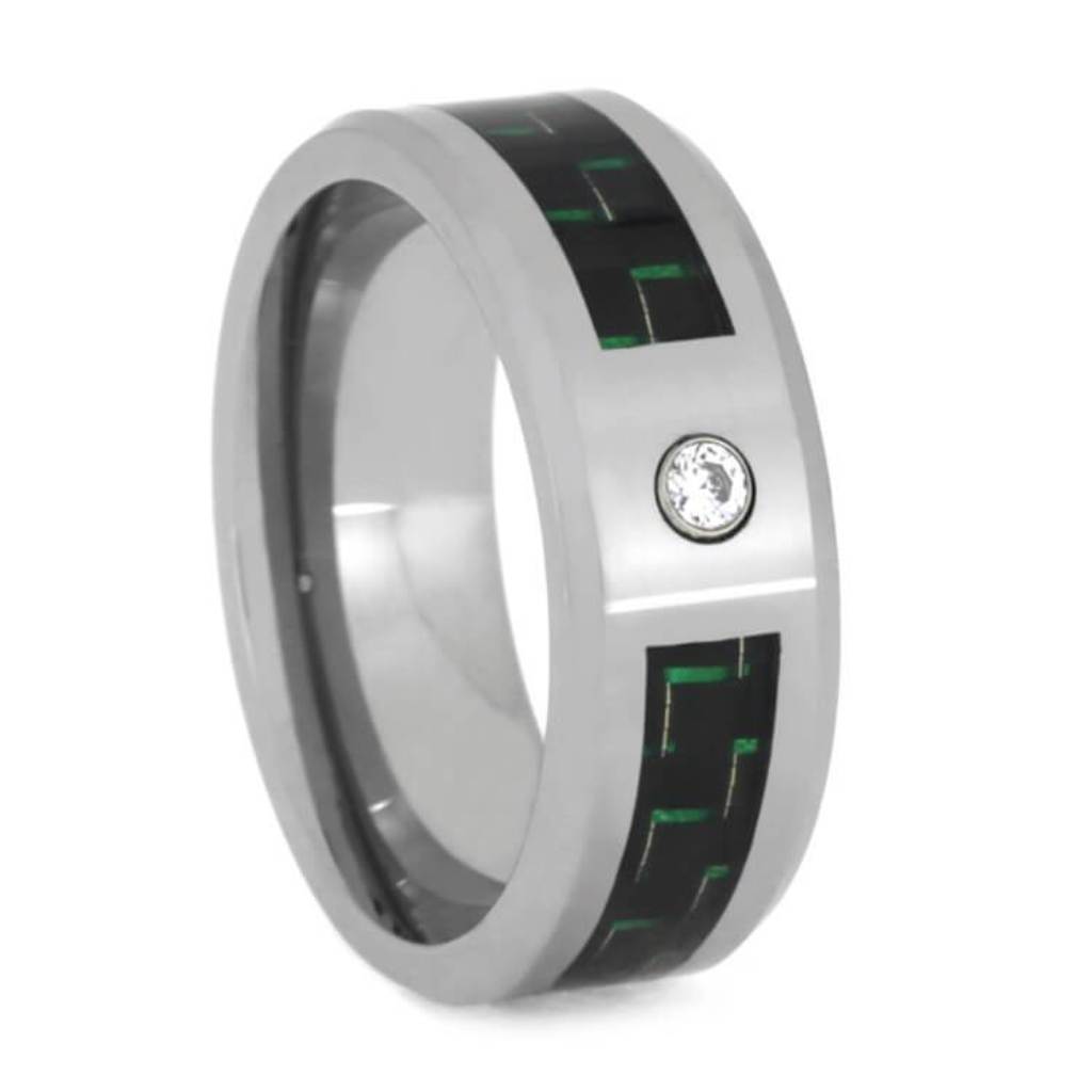 Diamond Wedding Ring With Green Carbon Fiber, Tungsten Ring