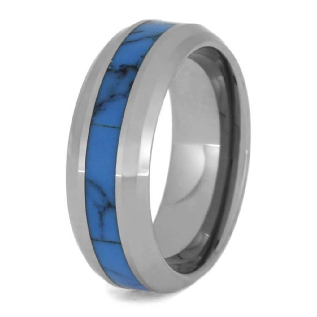 Turquoise Wedding Band, Beveled Tungsten Ring
