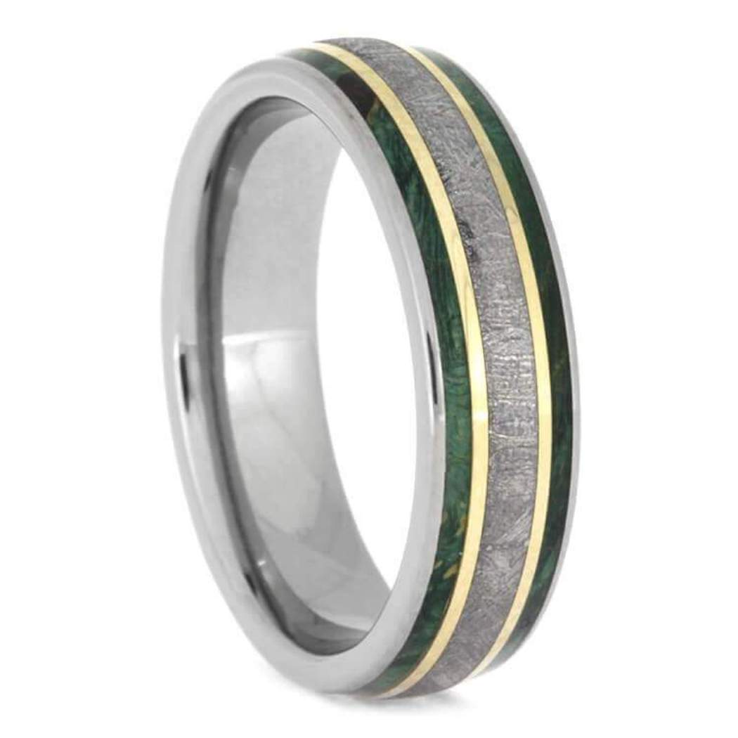 Gibeon Meteorite Green Box Elder Burl Wood 14k Yellow Gold 6mm Titanium Comfort-Fit Wedding Band