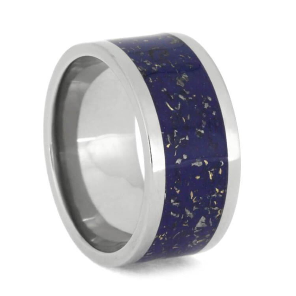 Blue Stardust Band with Meteorite and Gold 10mm Titanium Comfort-Fit Wedding Band 
