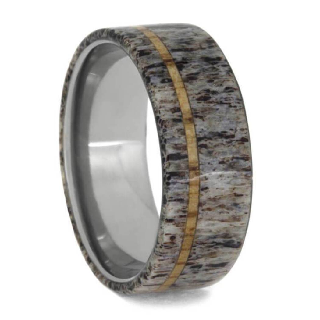 Deer Antler Oak Wood 8mm Titanium Comfort-Fit Wedding Band