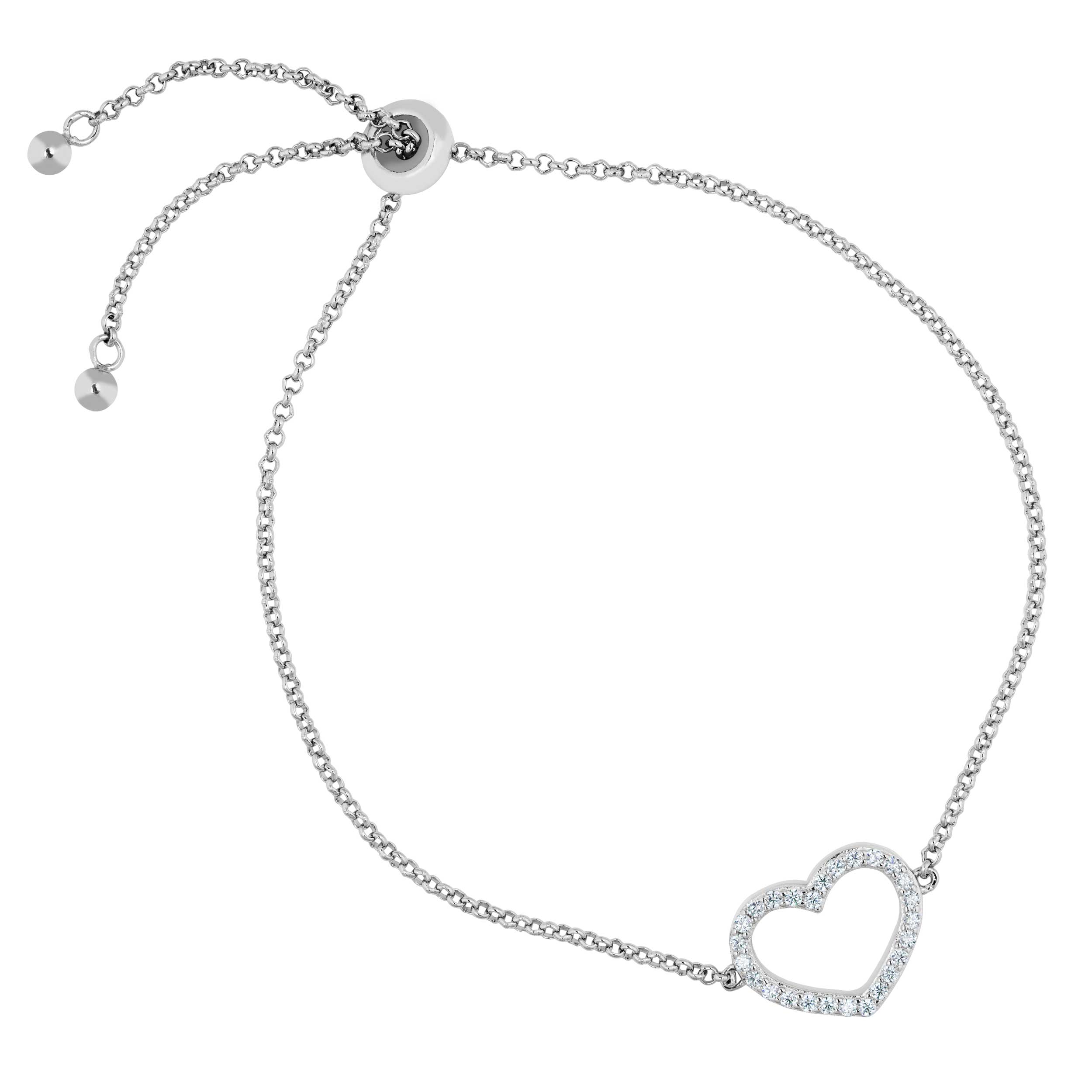 Heart Bolo CZ Bracelet, Sterling Silver. 