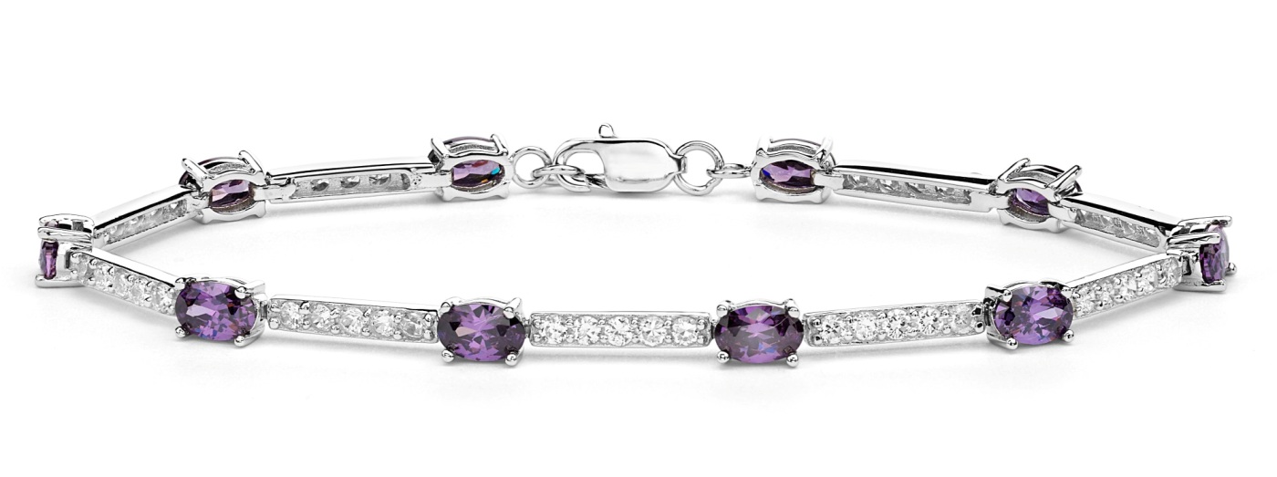 Cushion-Cut Periwinkle Purple and White CZ Link Bracelets, Rhodium Plated Sterling Silver, 7.5