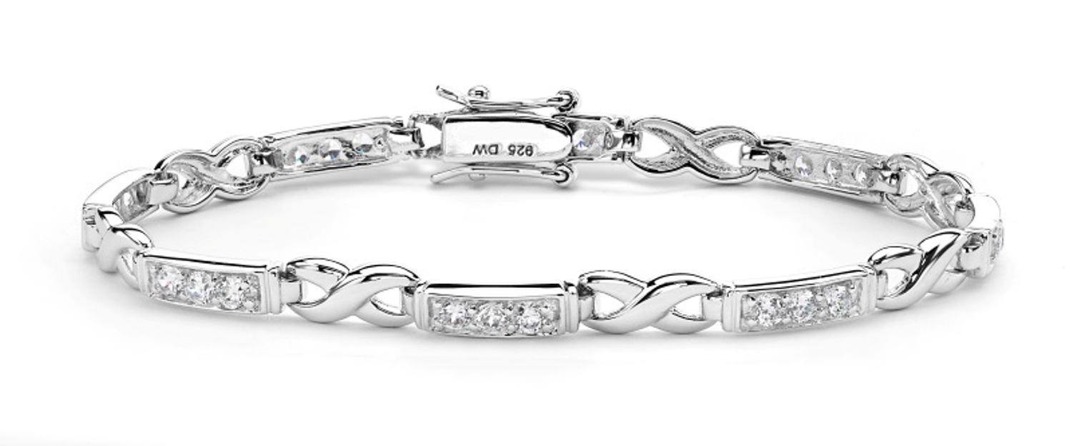 Square CZ 'X' Bracelets, Rhodium Plated Sterling Silver, 7