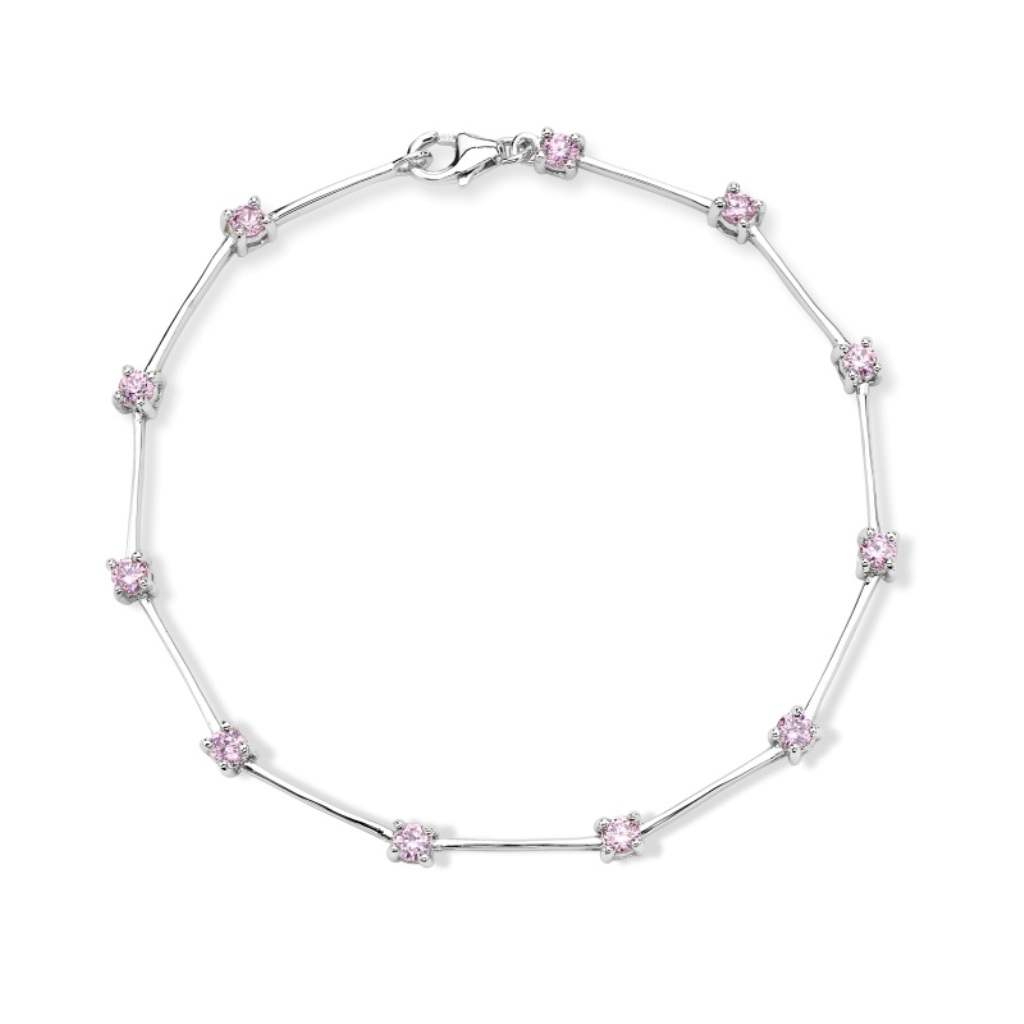 Round Pink CZ Bracelets, Rhodium Plated Sterling Silver, 7.5