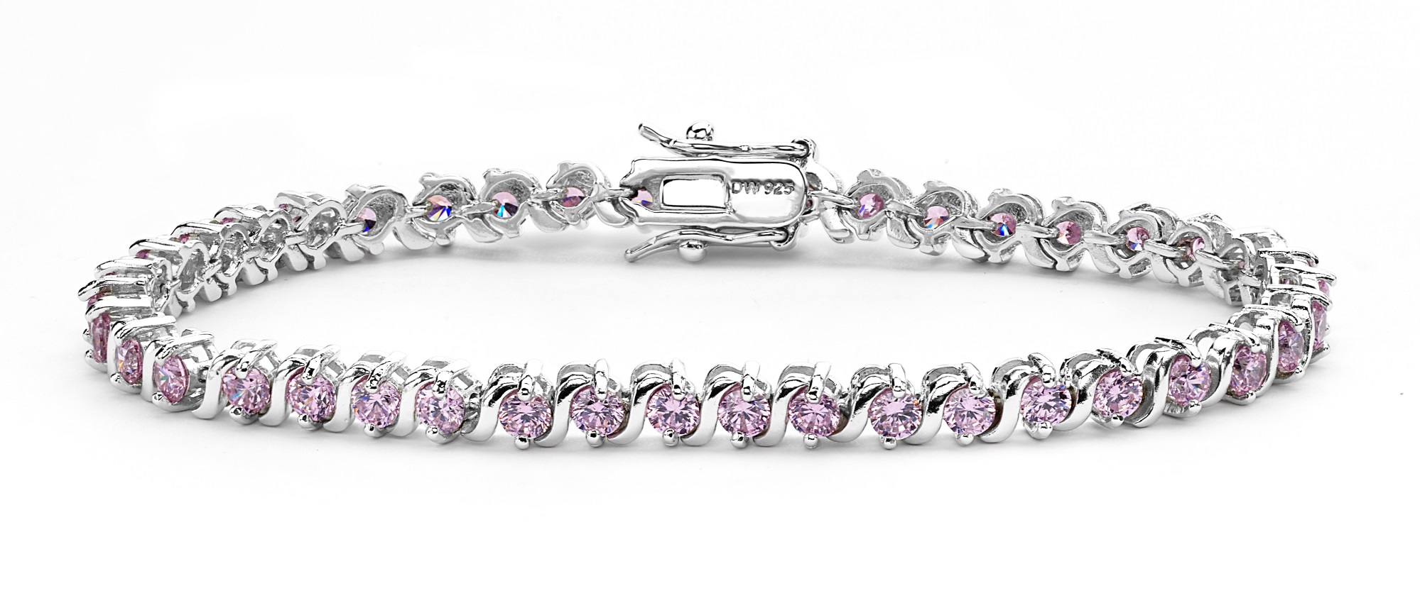 Pink CZ Tennis Bracelets, Rhodium Plated Sterling Silver, 7.5