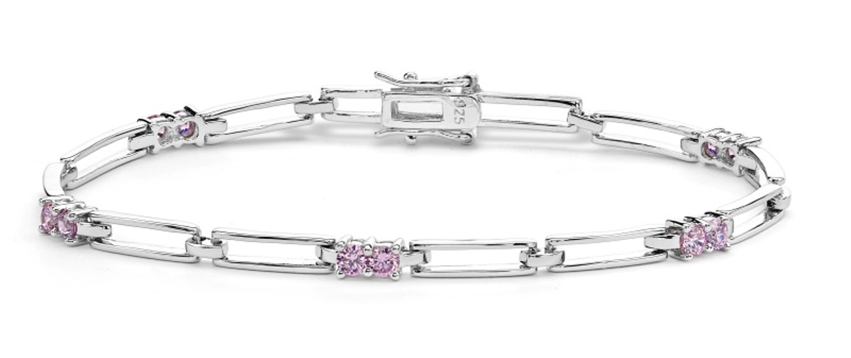 Pink CZ Bar Bracelets, Rhodium Plated Sterling Silver, 7.5