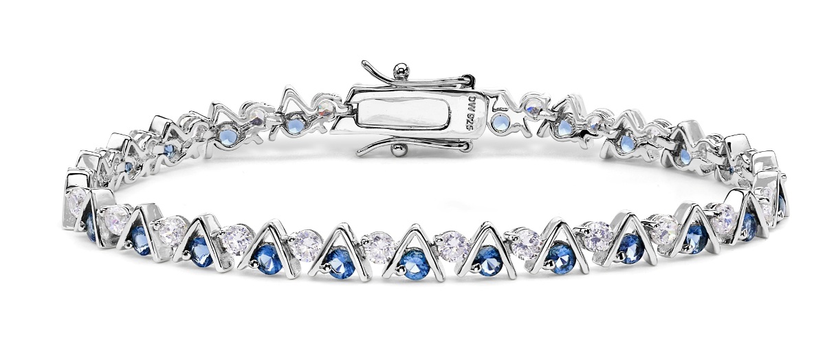 Round Blue Sapphire Glass and CZ 'V' Bracelets, Rhodium Plated Sterling Silver, 7.5