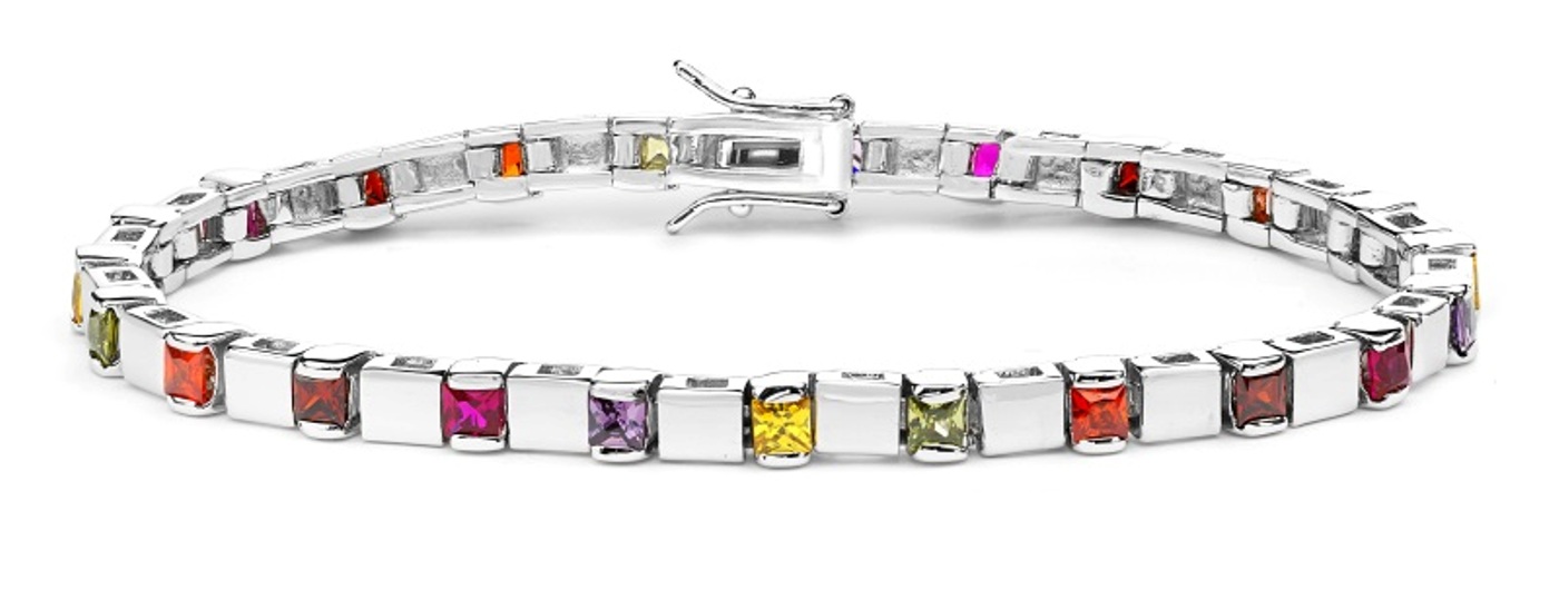 Multi Color Square CZ Bracelets, Rhodium Plated Sterling Silver, 7.75