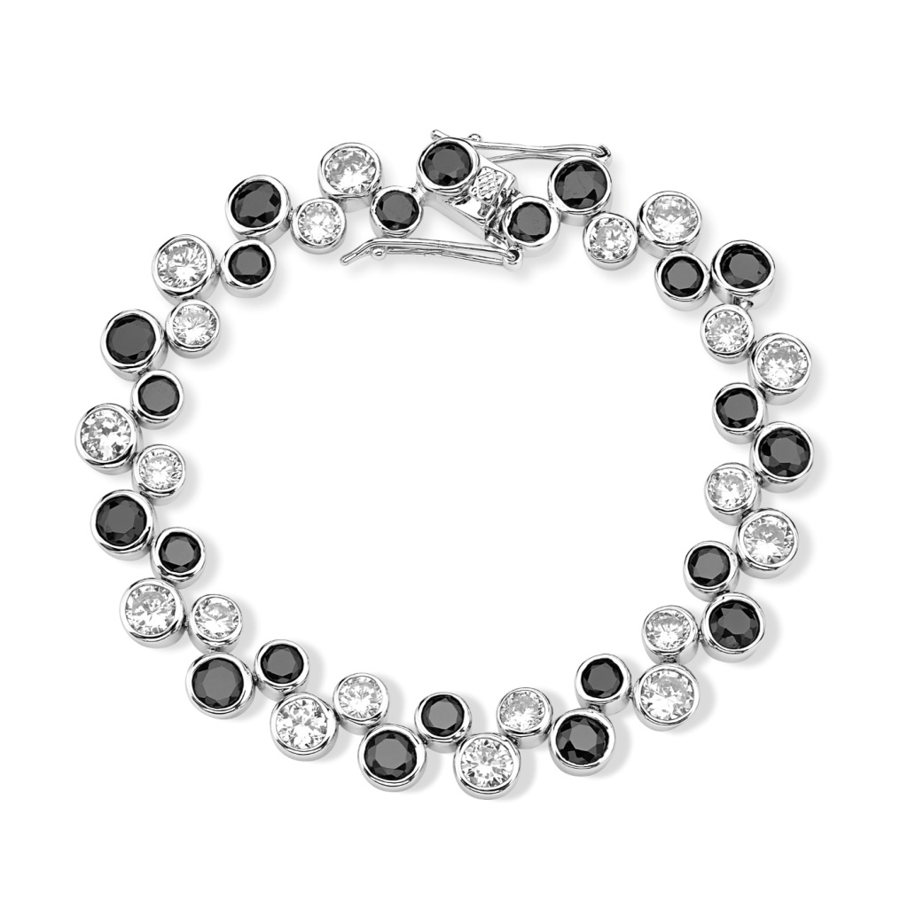 Round Black and White CZ Dots Bracelets, Rhodium Plated Sterling Silver, 7.5