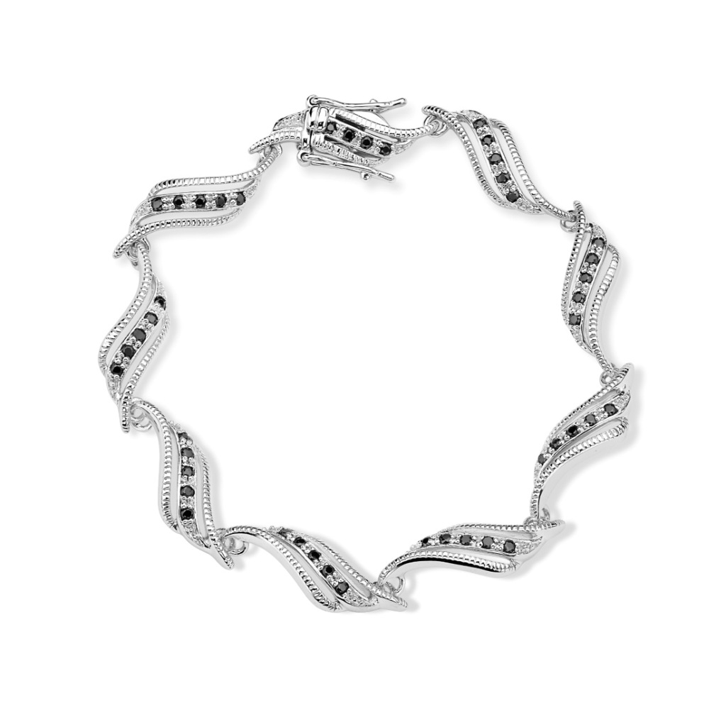 Black CZ Twist Link Bracelets, Rhodium Plated Sterling Silver, 8