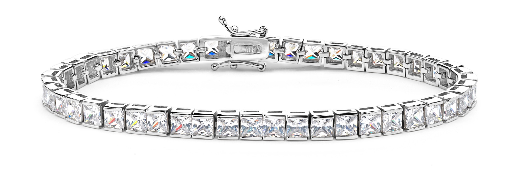 Clear CZ Square Tennis Bracelets, Rhodium Plated Sterling Silver, 8