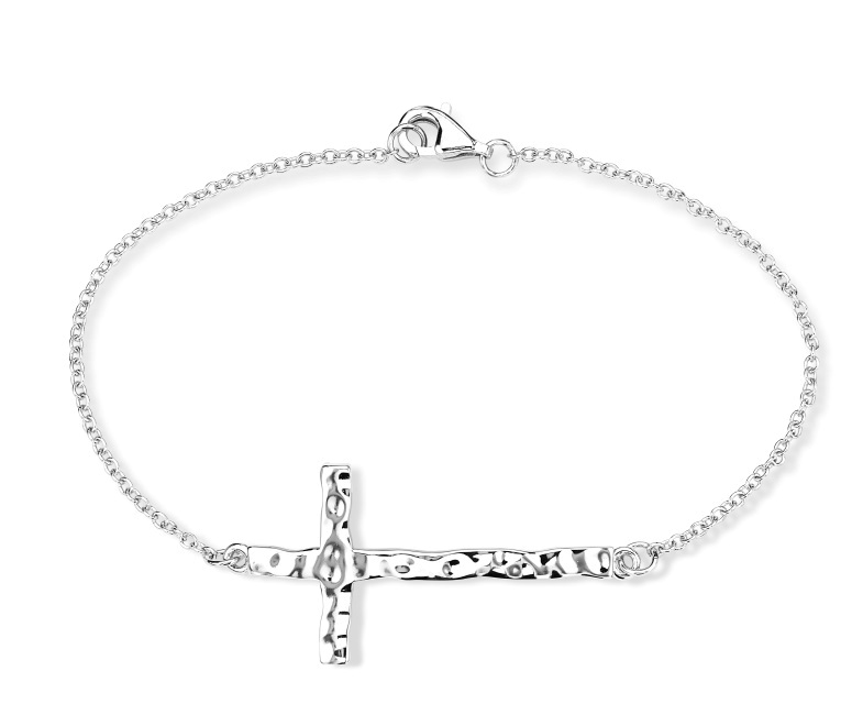 Hammered Cross in Line Bracelets, Rhodium Plated Sterling Silver, 7.5