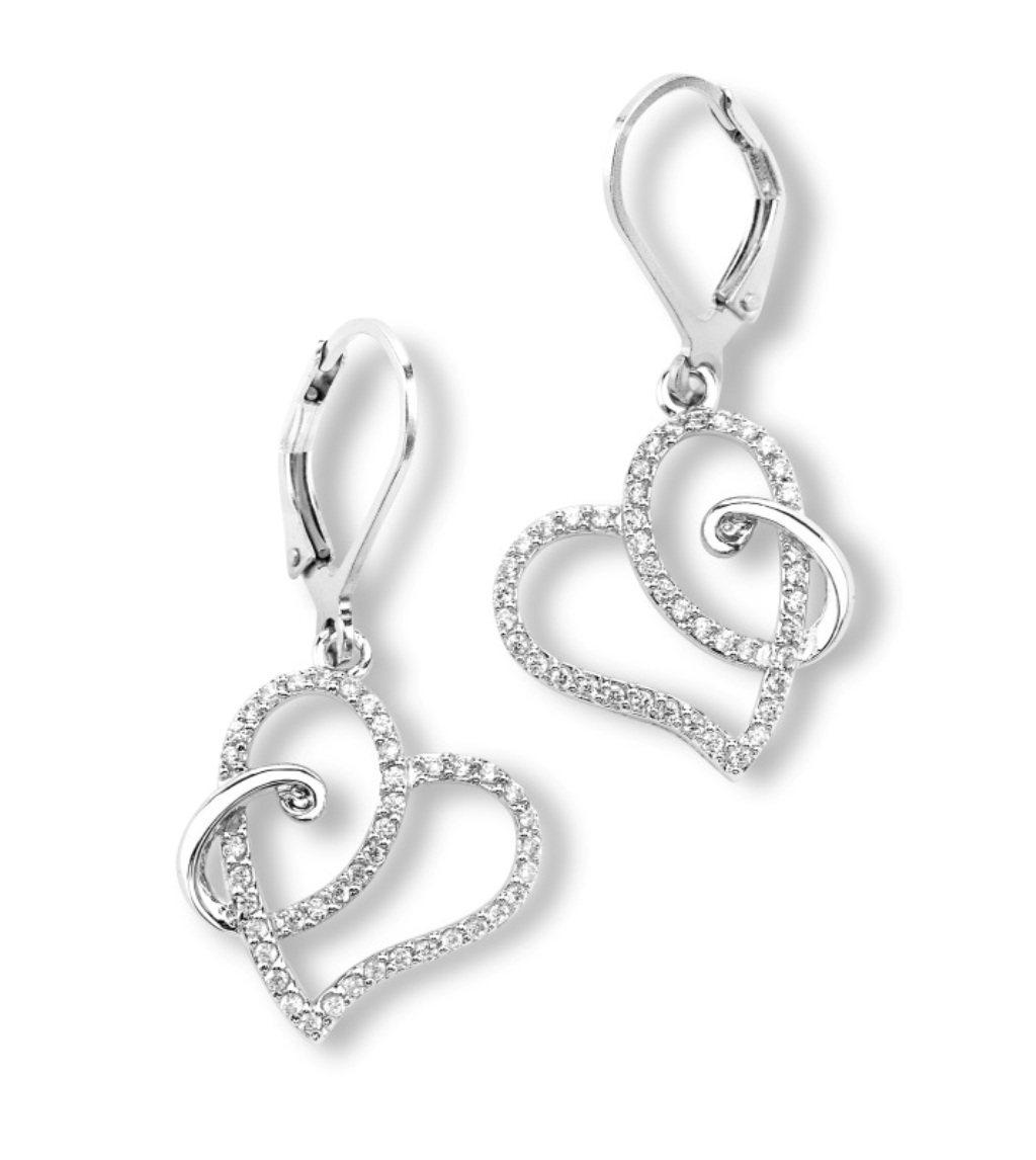 Petite CZ Heart Earrings, Rhodium Plated Sterling Silver