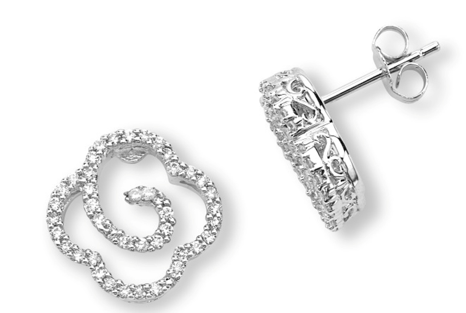 Petite Round CZ Quaterfoil Earrings, Rhodium Plated Sterling Silver.