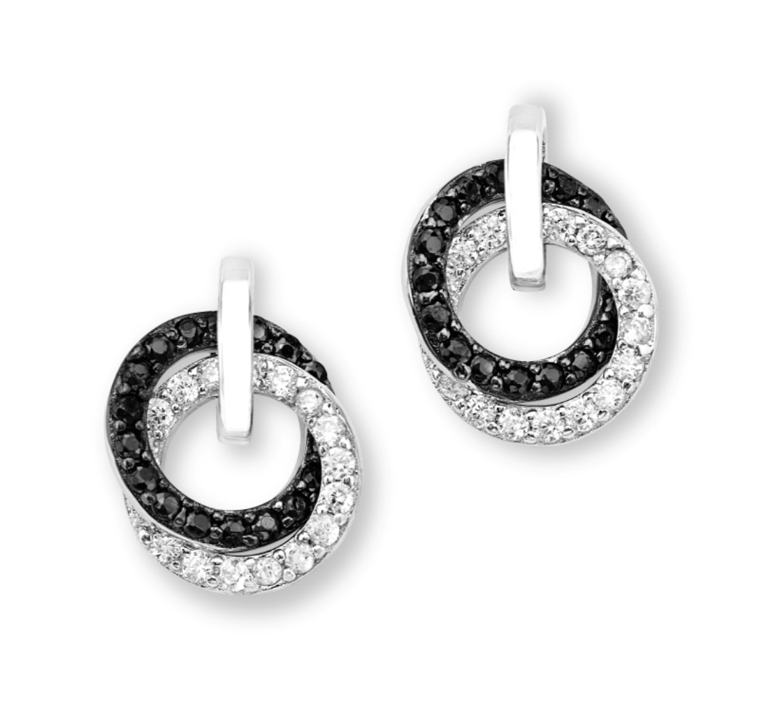 Black and White CZ Rings Post Earrings, Rhodium Plated Sterling Silver
