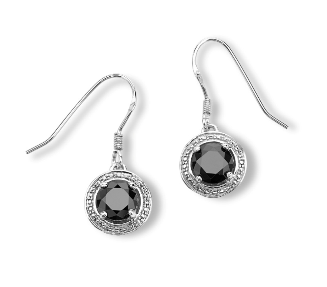 Round black CZ earring trimmed with granulated beads, handmade in rhodium plated sterling silver.