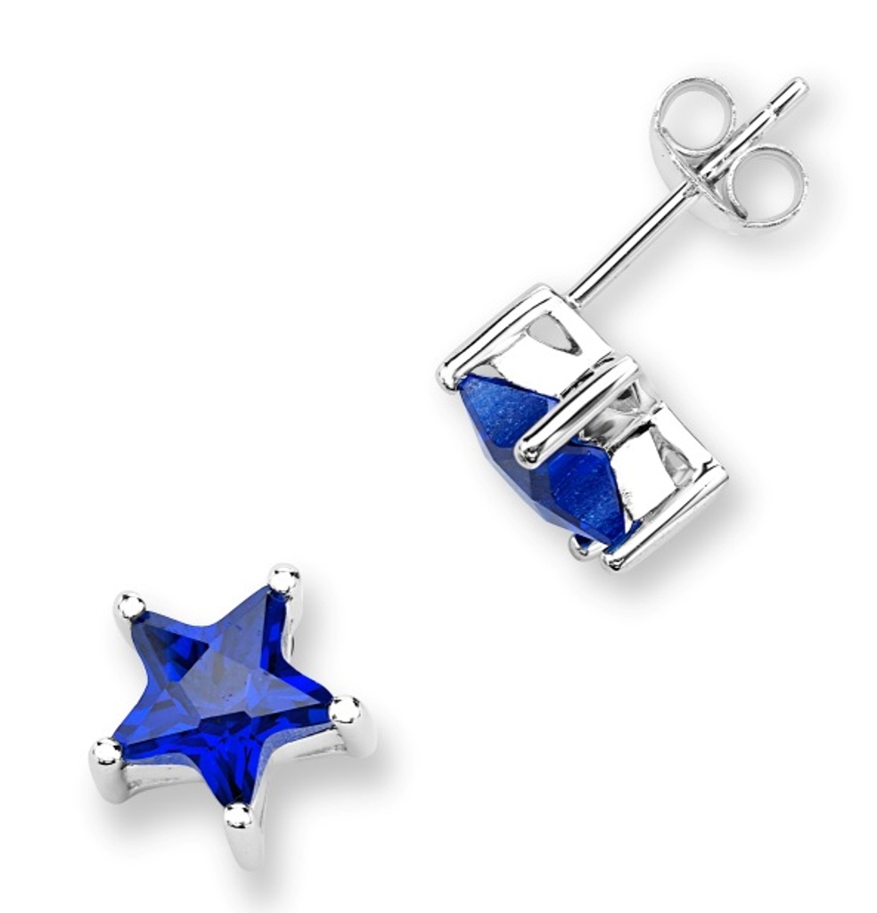 Created Blue Sapphire Star Post Earrings, Rhodium Plated Sterling Silver