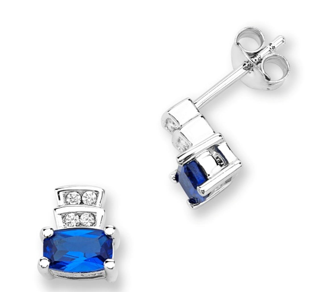Created Cushion-Cut Blue Spinel and Clear CZ Post Earrings, Rhodium Plated Sterling Silver