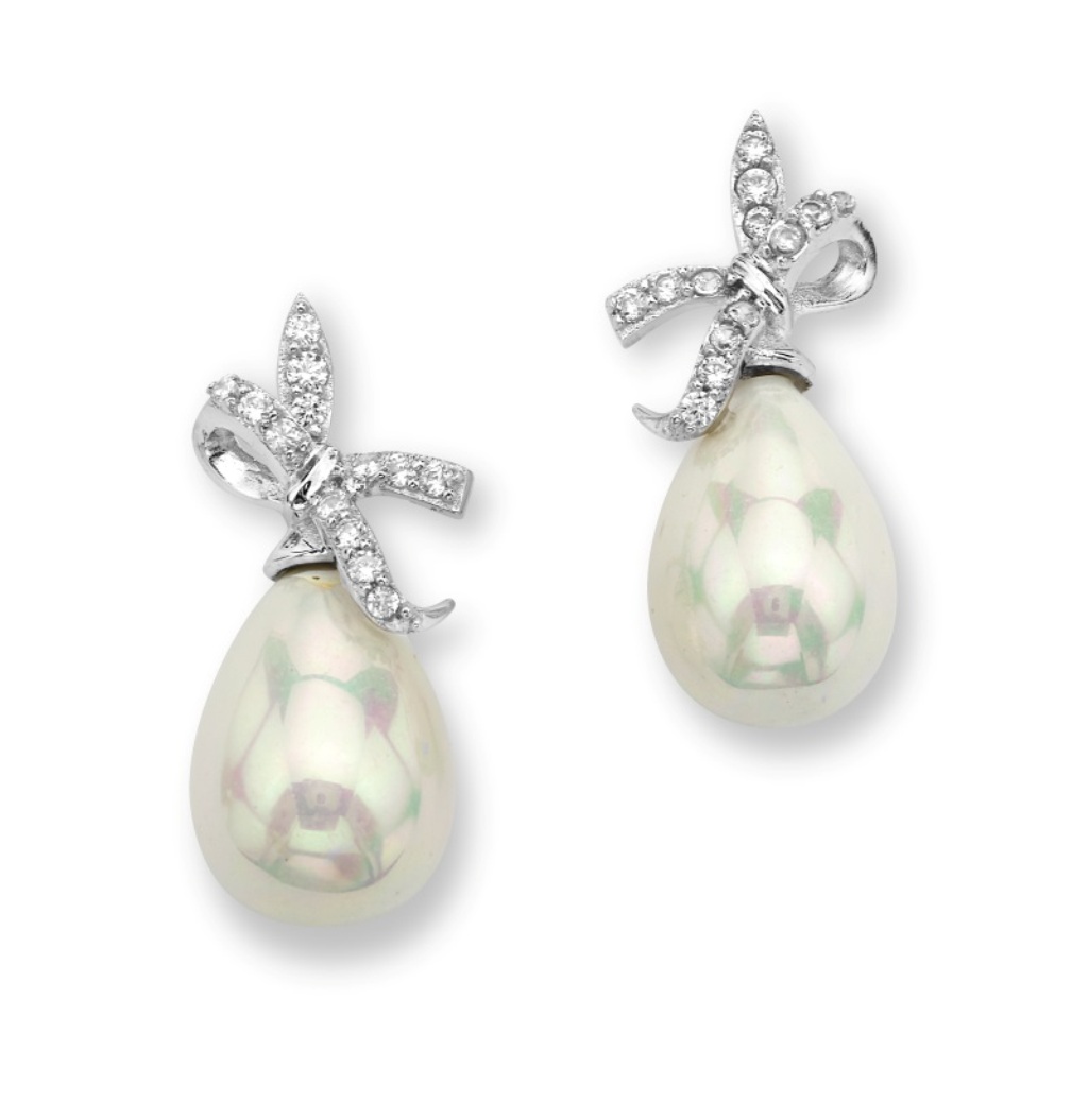 Pear White Freshwater Cultured Pearl and CZ Ribbon Earrings, Rhodium Plated Sterling Silver